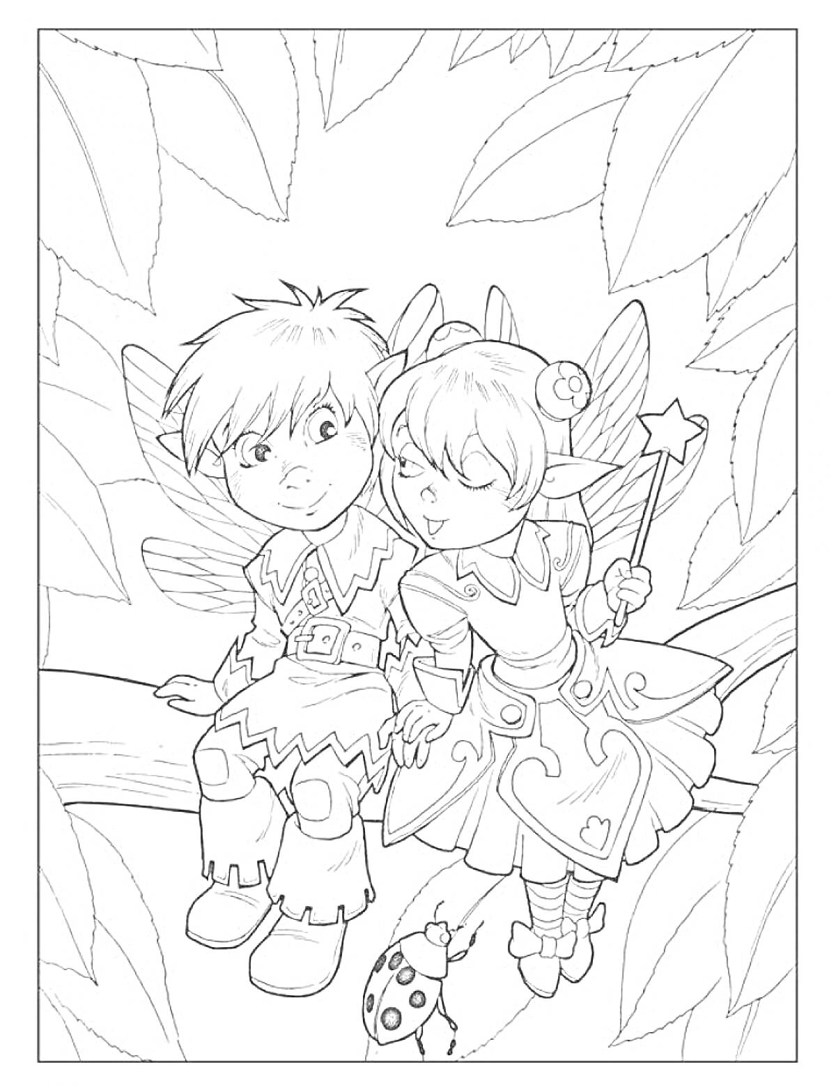 Раскраска Два феи в лесу, мальчик и девочка с крыльями, сидящие на дереве, рядом с божьей коровкой