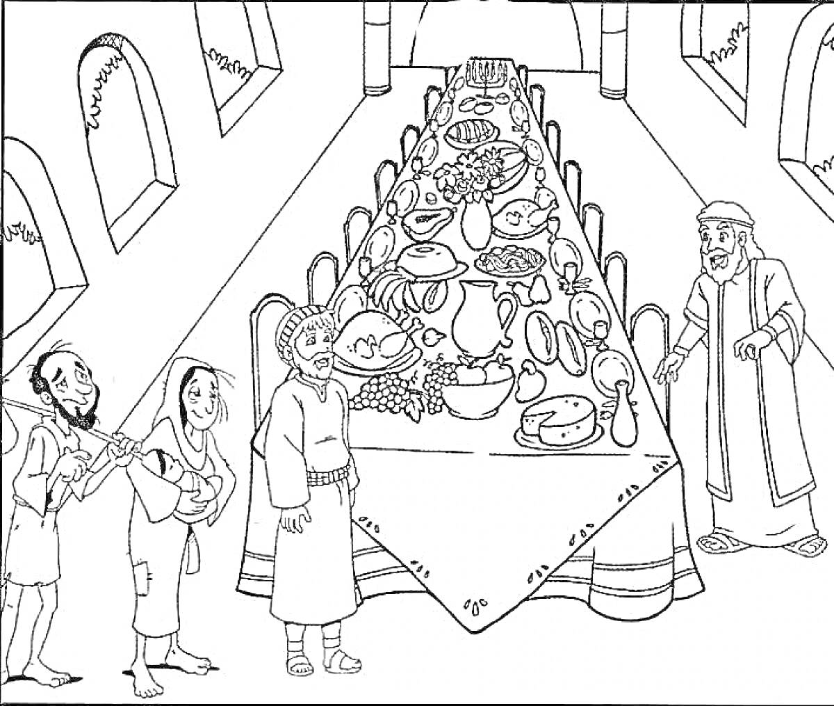 На раскраске изображено: Пир, Теремные палаты, Стол, Еда, Гости, Интерьер