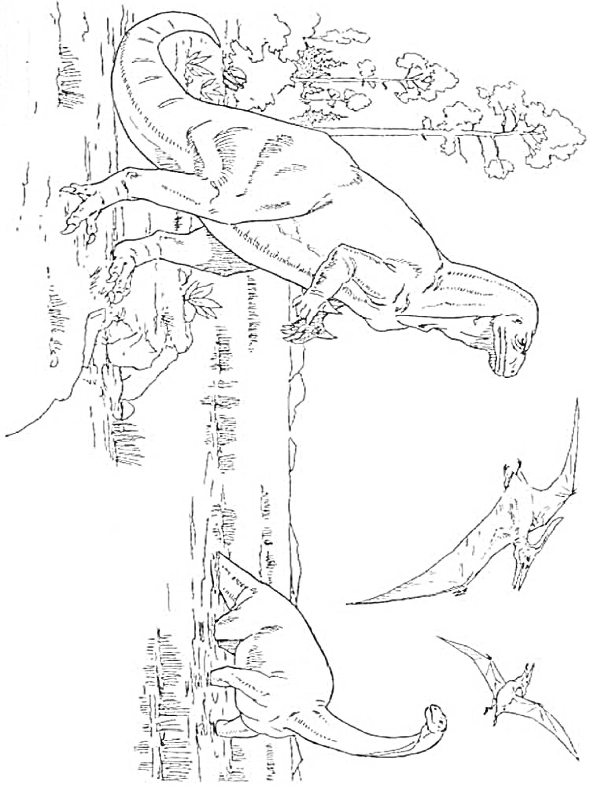 Динозавры на берегу реки с птеродактилями, деревьями и кустами