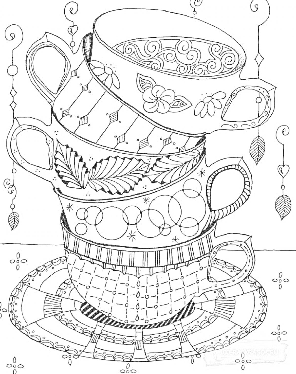 Раскраска Чудо чай. Пять чашек с узорами, расположенные одна на другой, на блюдце с узором, подвешенные листья и геометрические фигуры на фоне