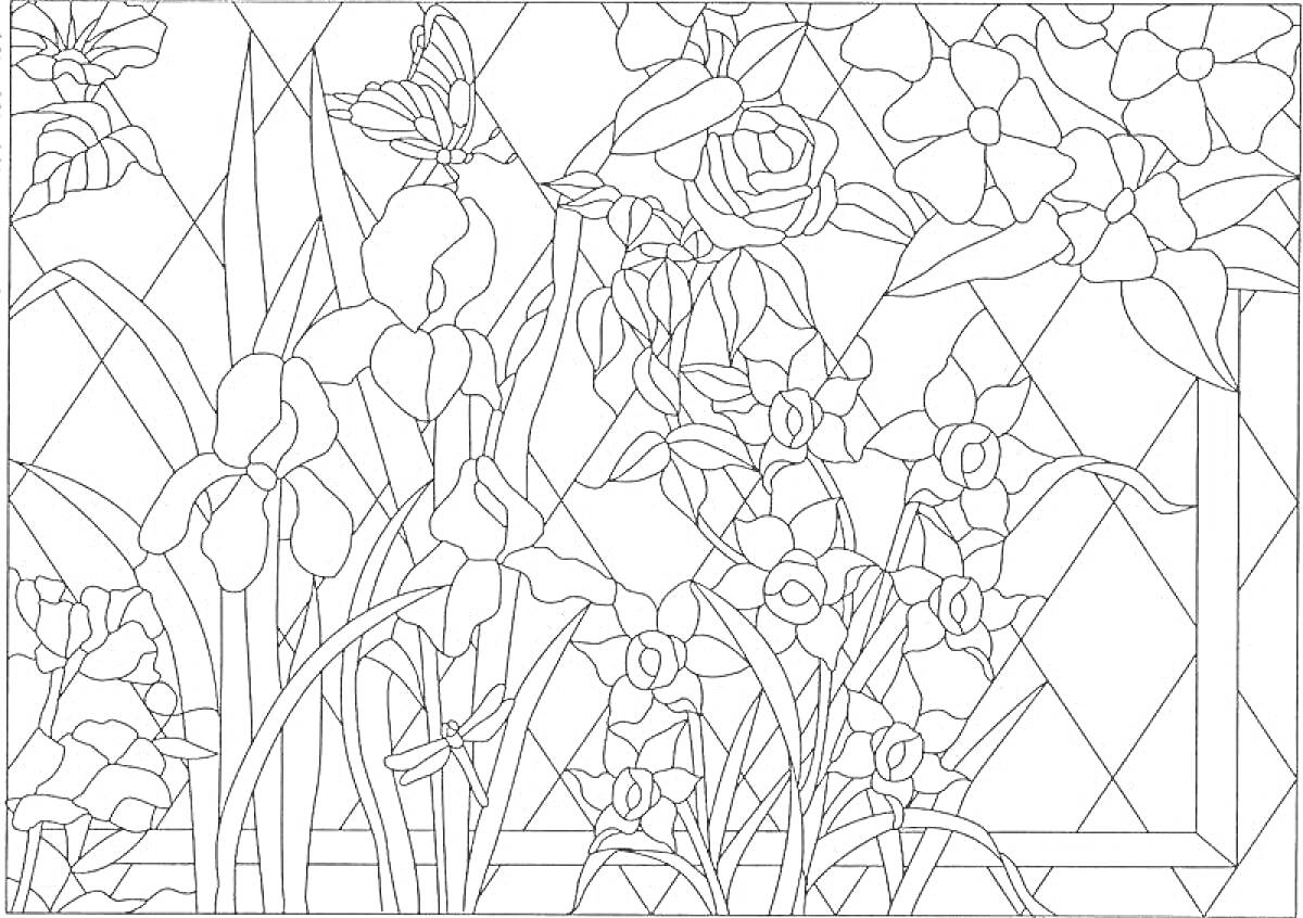 Раскраска Витраж с цветами и бабочками
