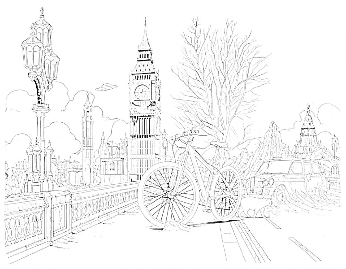 Лондонская улица с велосипедом, Биг Беном и автомобилем