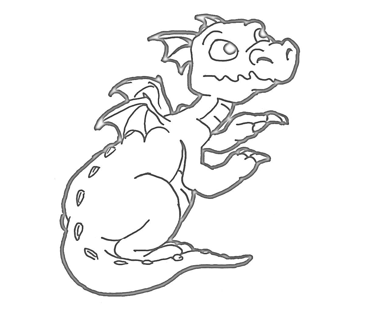 Раскраска Маленький дракон с крыльями, сидящий на задних лапах
