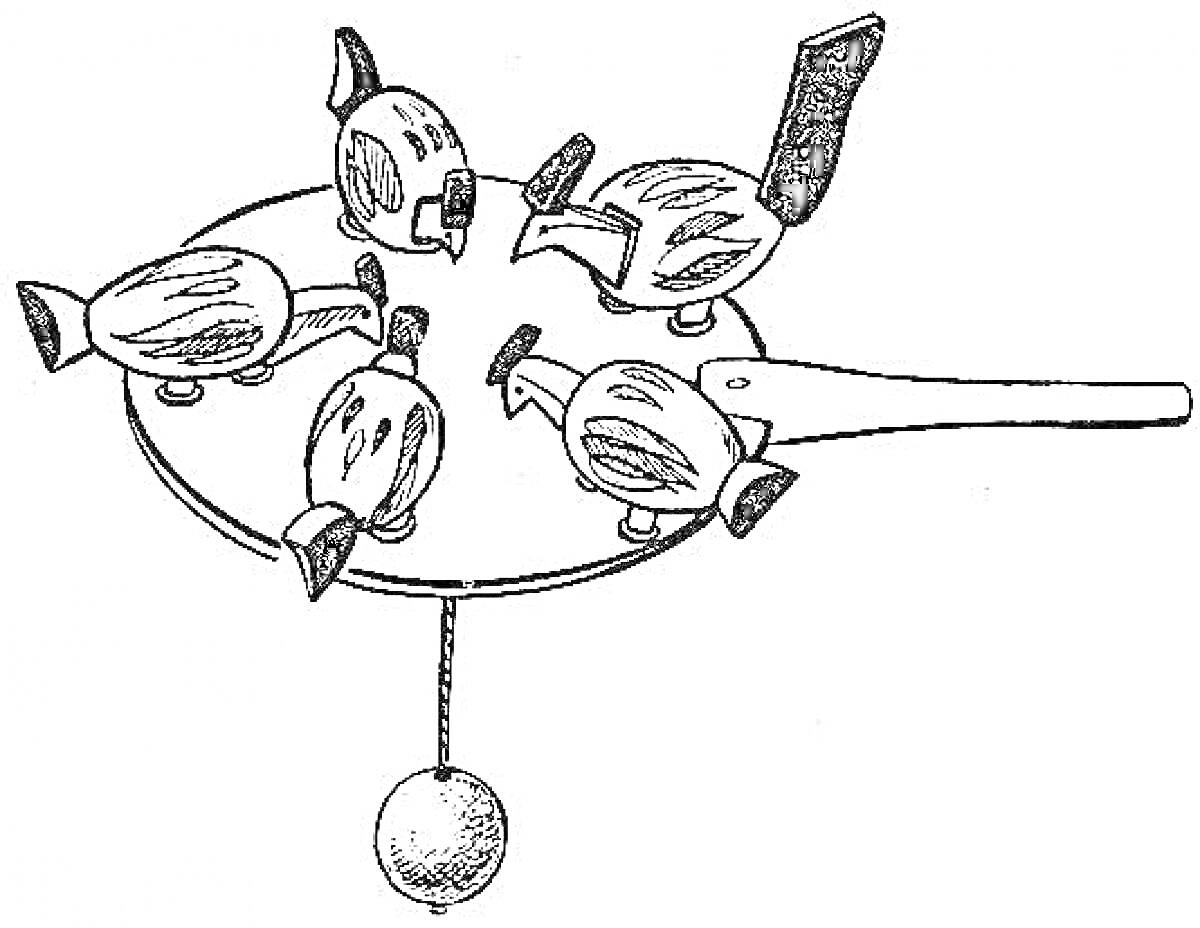 Богородская игрушка с пятью птицами на круглой платформе с ручкой и подвешенным шариком