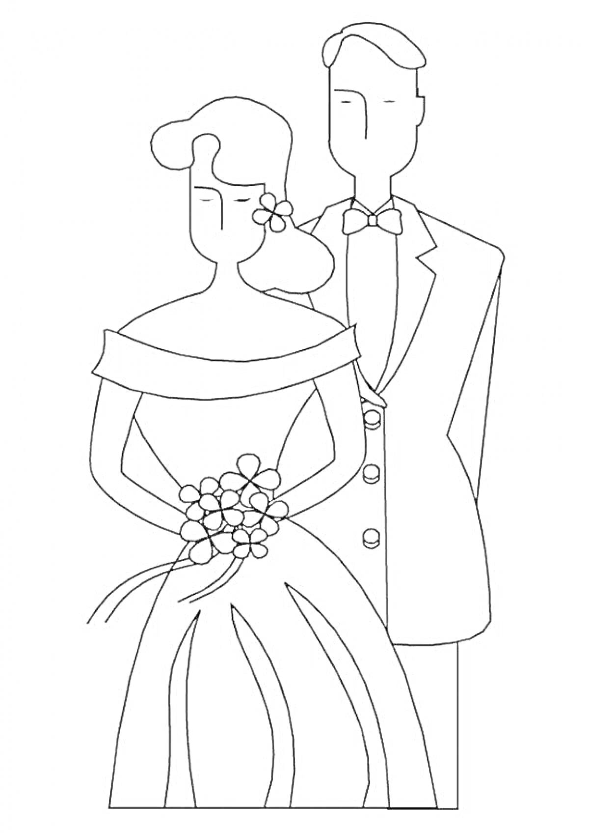 На раскраске изображено: Свадьба, Жених, Невеста, Свадебное платье, Костюм, Бабочка, Женский наряд, Торжество