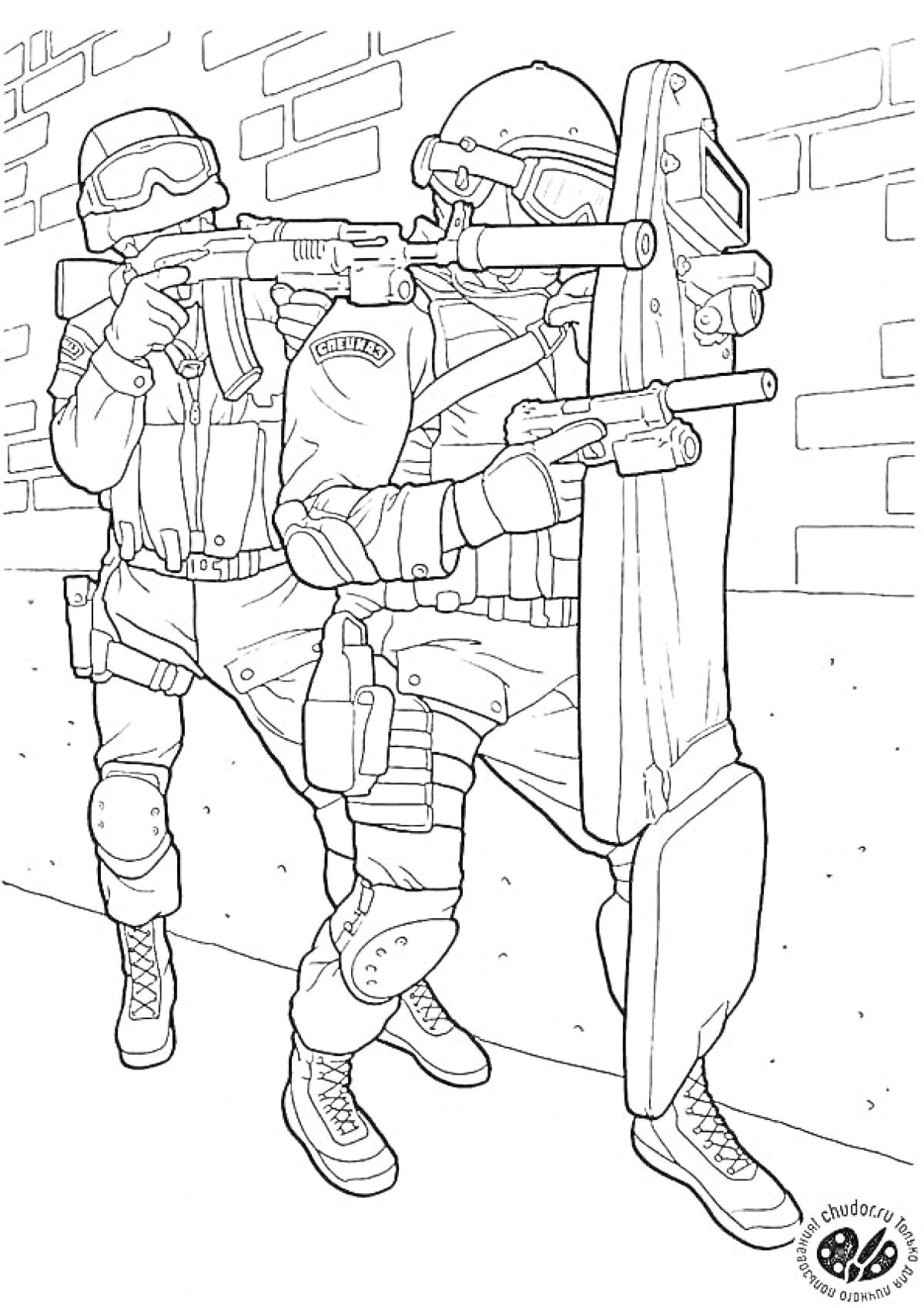 Раскраска спецназовцы с штурмовым щитом и автоматами у стены