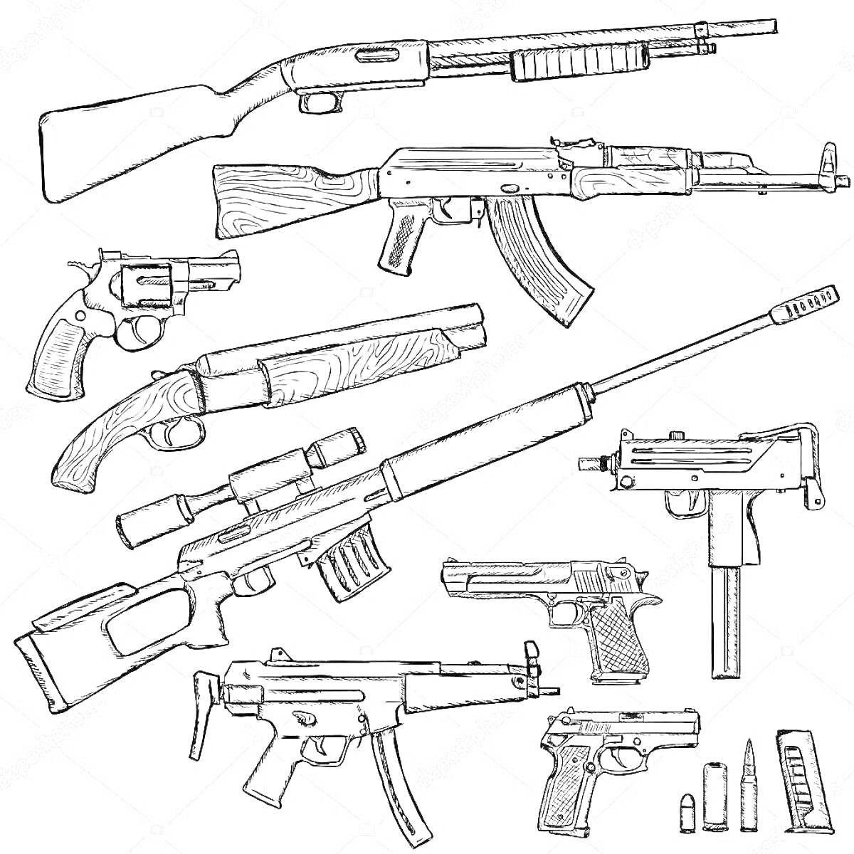 Раскраска Раскраска - Пистолеты, Автоматы и Патроны
