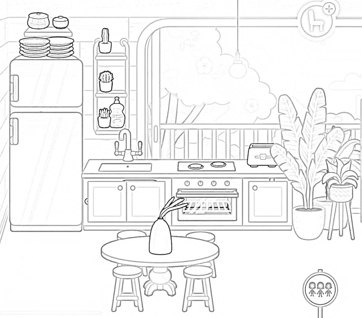 Раскраска Кухня с холодильником, плита с духовкой, мойка, стол с вазой и стульями, растения, балкон с видом на природу