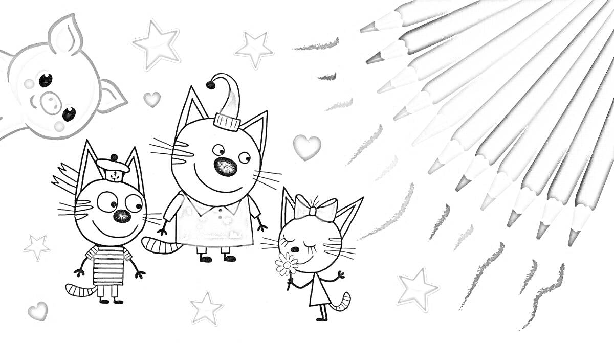 На раскраске изображено: Три кота, Карандаши, Звезды, Из мультфильмов, Для детей, Свиньи, Сердца