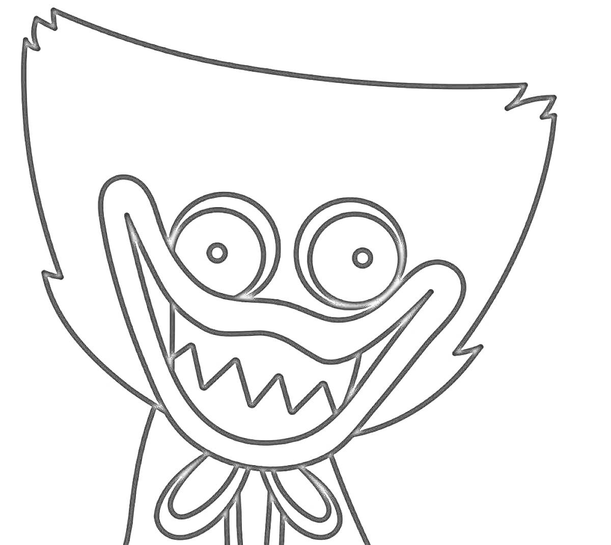 Раскраска Лицо персонажа с большими круглыми глазами и острыми зубами, в шарфе
