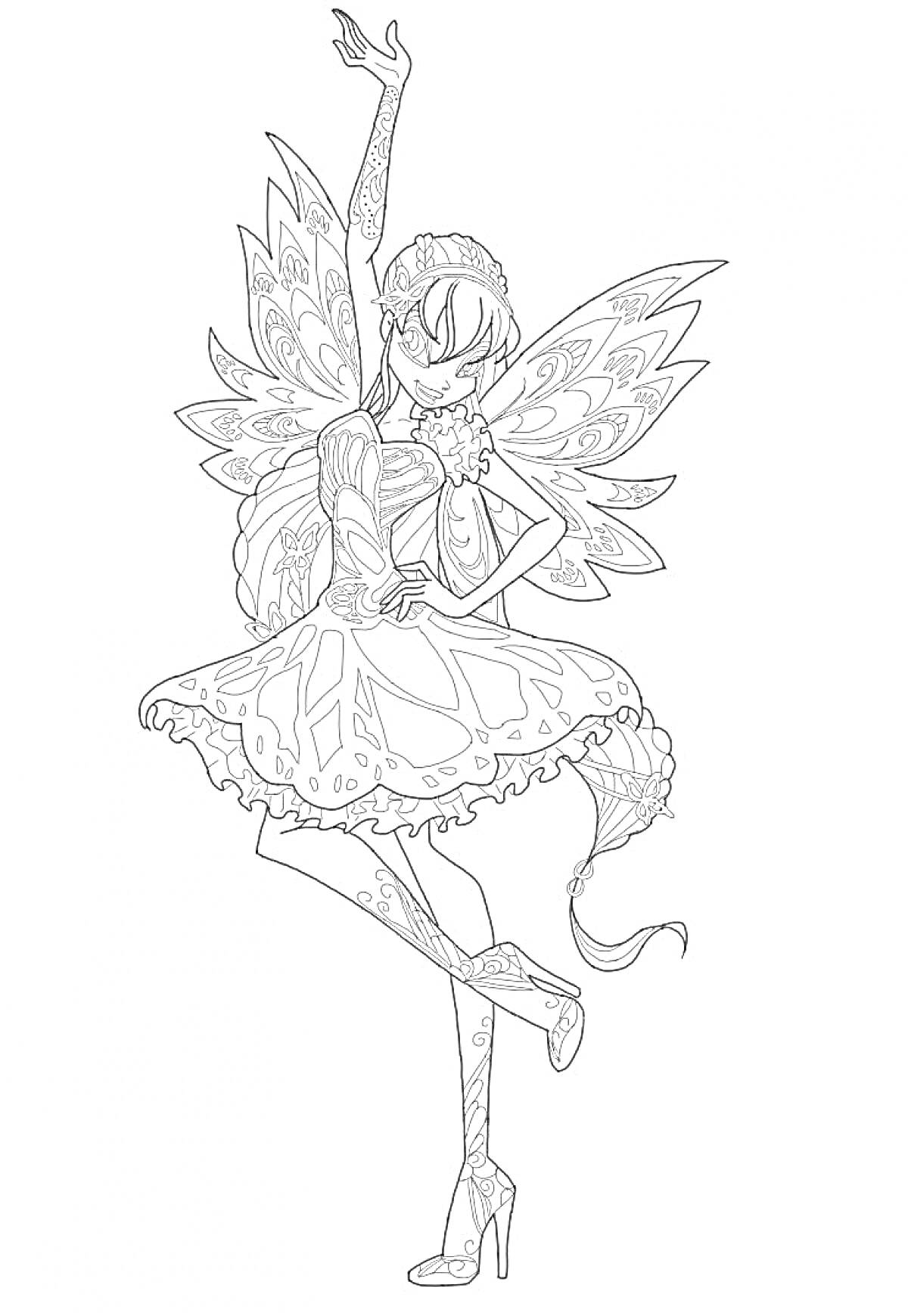 Раскраска Фея Винкс Баттерфликс с крыльями, в платье с узорами, на высоких каблуках