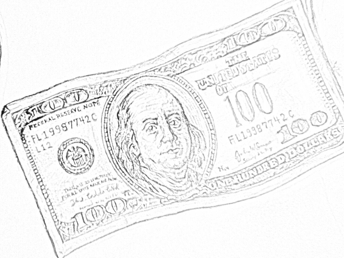 Раскраска Черно-белое изображение 100-долларовой банкноты с портретом, номером FL 93977874 C и текстом 