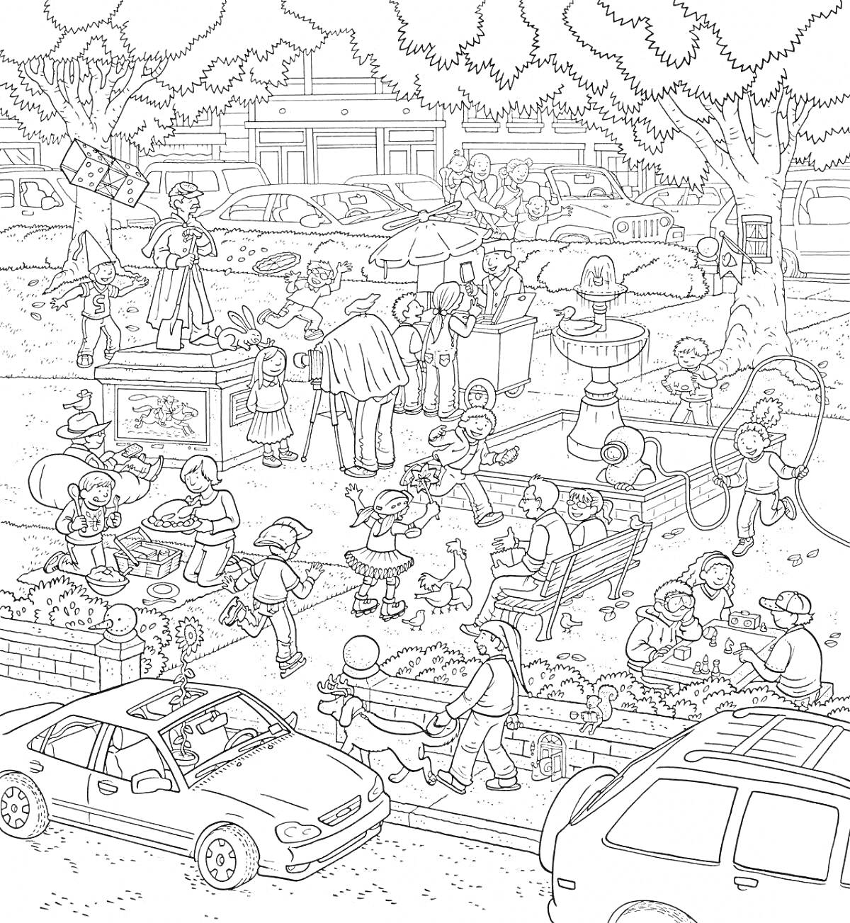 Раскраска Парк с множеством людей, детей, аттракционов и автомобилей на фоне