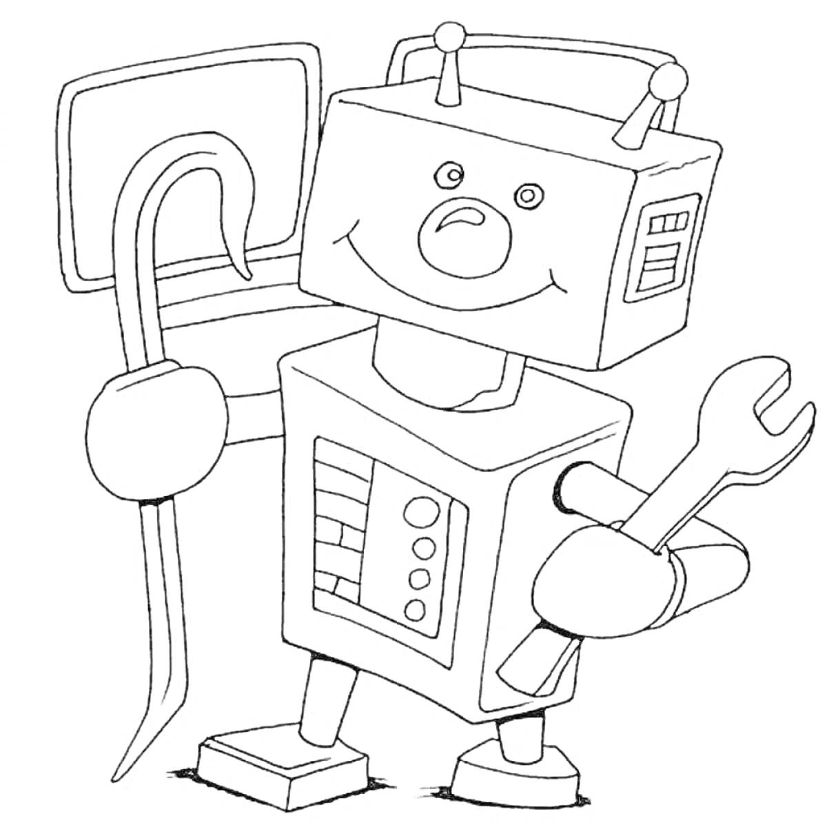 На раскраске изображено: Робот, Электроника, Монитор, Гаечный ключ, Инструмент
