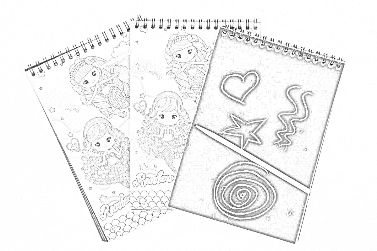 Блокноты с изображениями кукол и рисунками гравюры (сердце, звезда, спираль, волнистая линия)