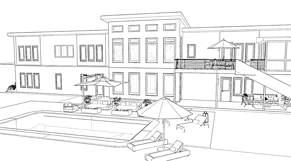 Раскраска Современная школа будущего с бассейном, зоной отдыха и солнечными зонтиками