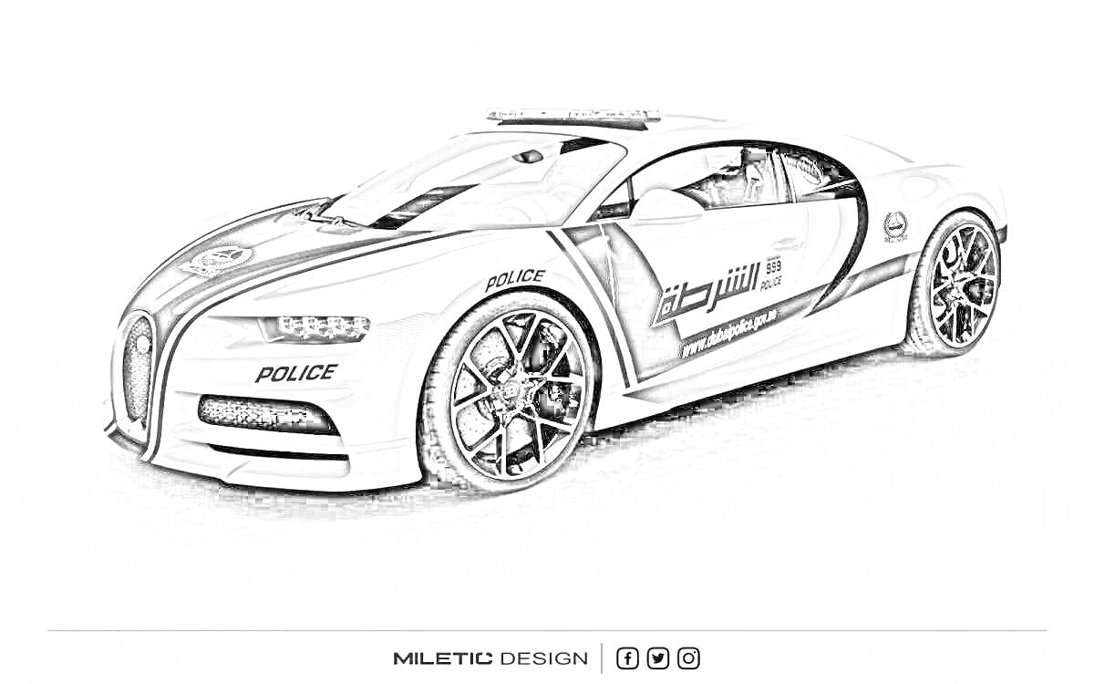 Раскраска Полицейская Бугатти с номером 110201 (цвет черно-белый, надпись на арабском на боковой стороне, логотип полиции на переднем и заднем крыле)