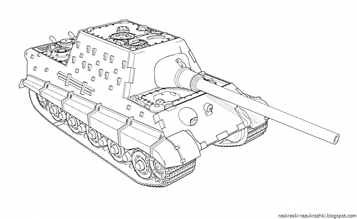На раскраске изображено: Танк, Су-152, Гусеницы, Длинный ствол, Оружие, Бронетехника, Армия, Военная техника