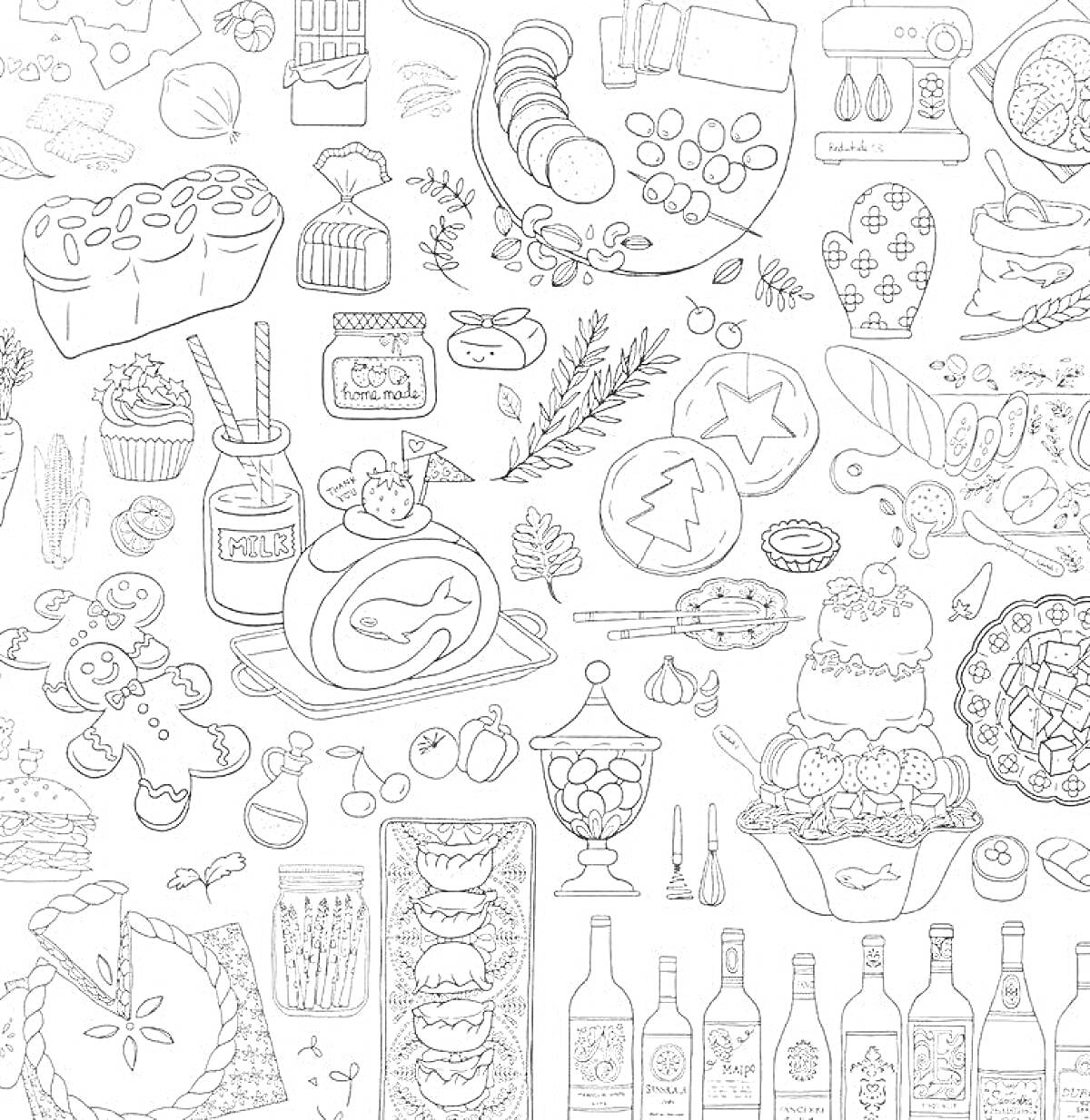 На раскраске изображено: Еда, Пирог, Хлеб, Джем, Яйца, Салат, Рыба, Печенье, Фрукты, Овощи, Конфеты