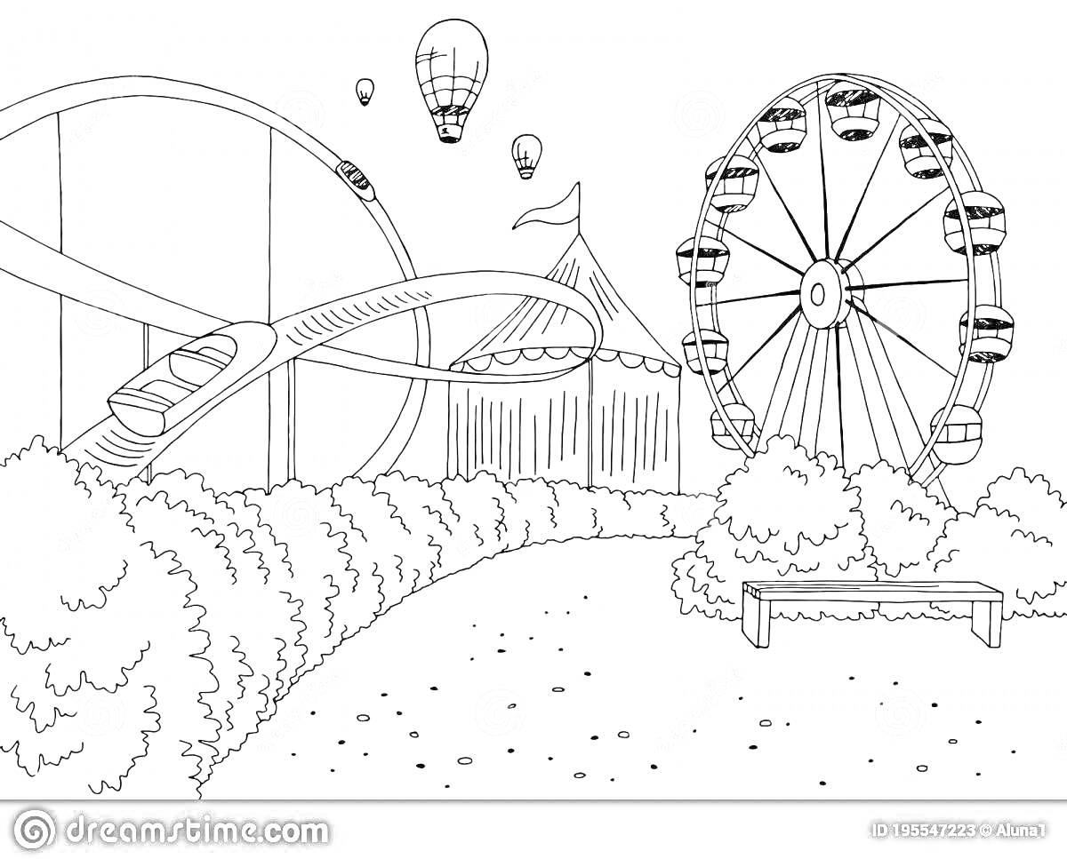 На раскраске изображено: Колесо обозрения, Парк аттракционов, Карусель, Воздушные шары, Деревья, Кусты