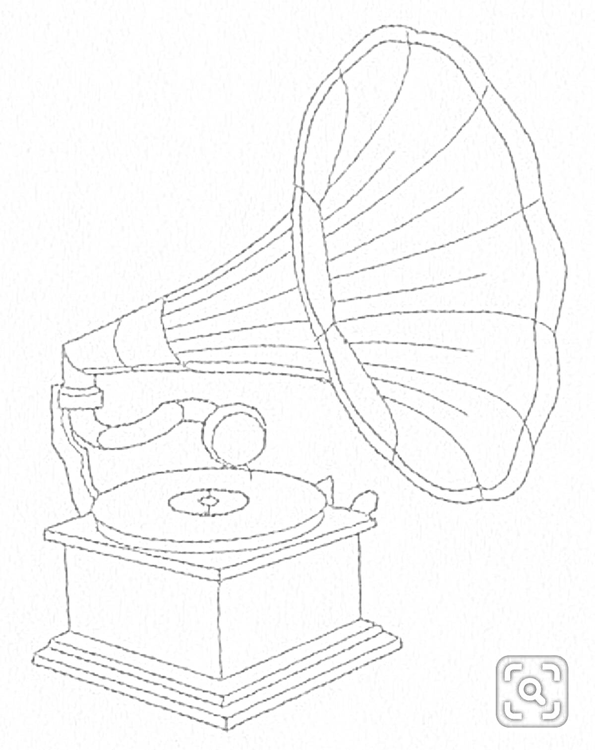 На раскраске изображено: Граммофон, Труба, Ретро, Винтаж, Музыка, Антиквариат, Контурные рисунки