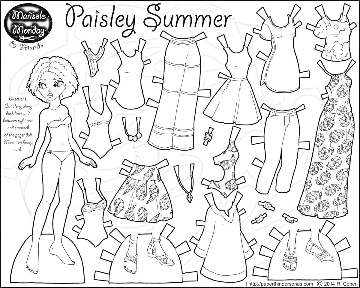 Раскраска Paisley Summer - девочка, топы, футболки, юбки, брюки, шорты, платья, обувь, сумки