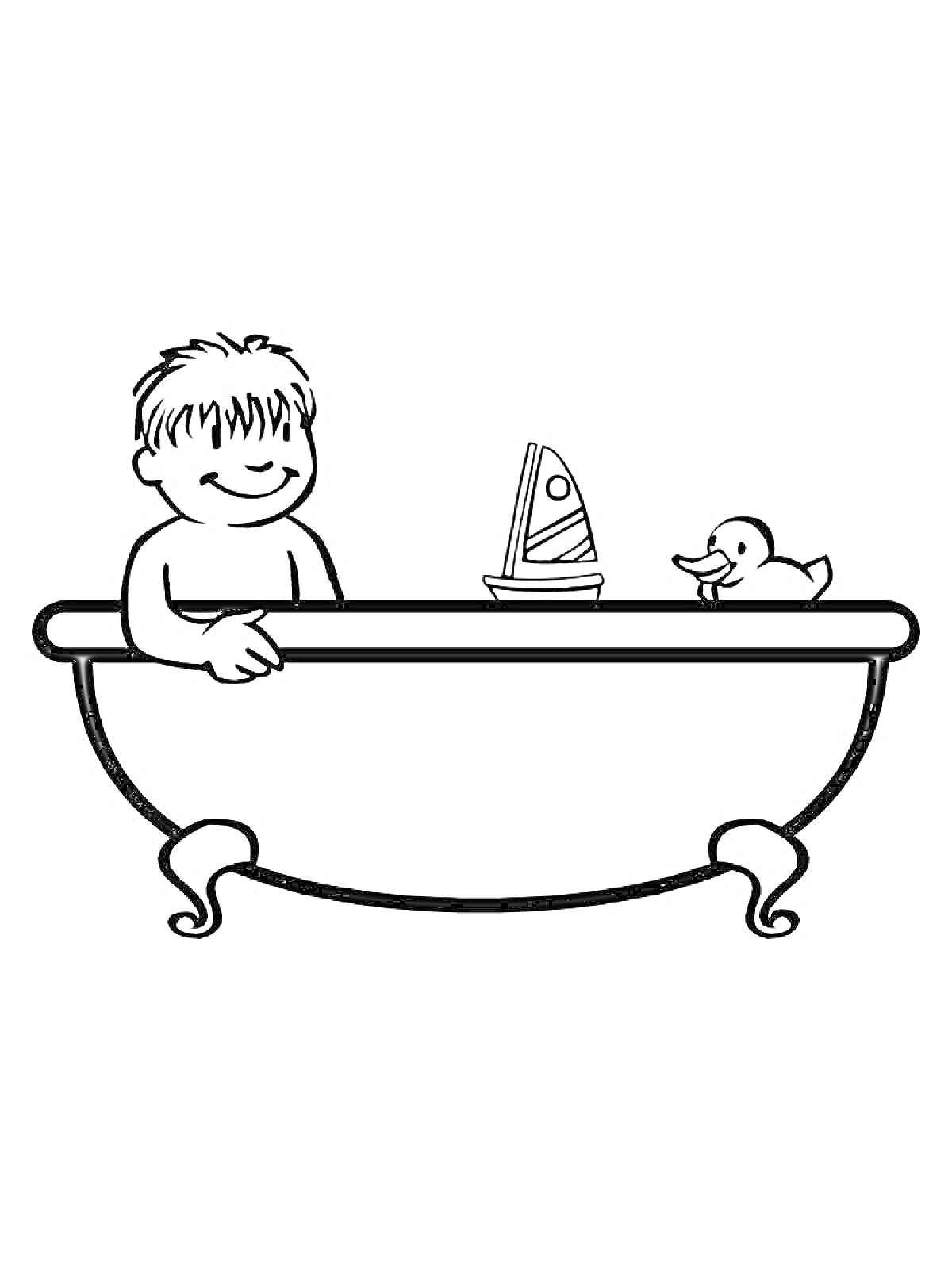 На раскраске изображено: Ванна, Ребёнок, Игрушки, Яхта, Купание, Утка