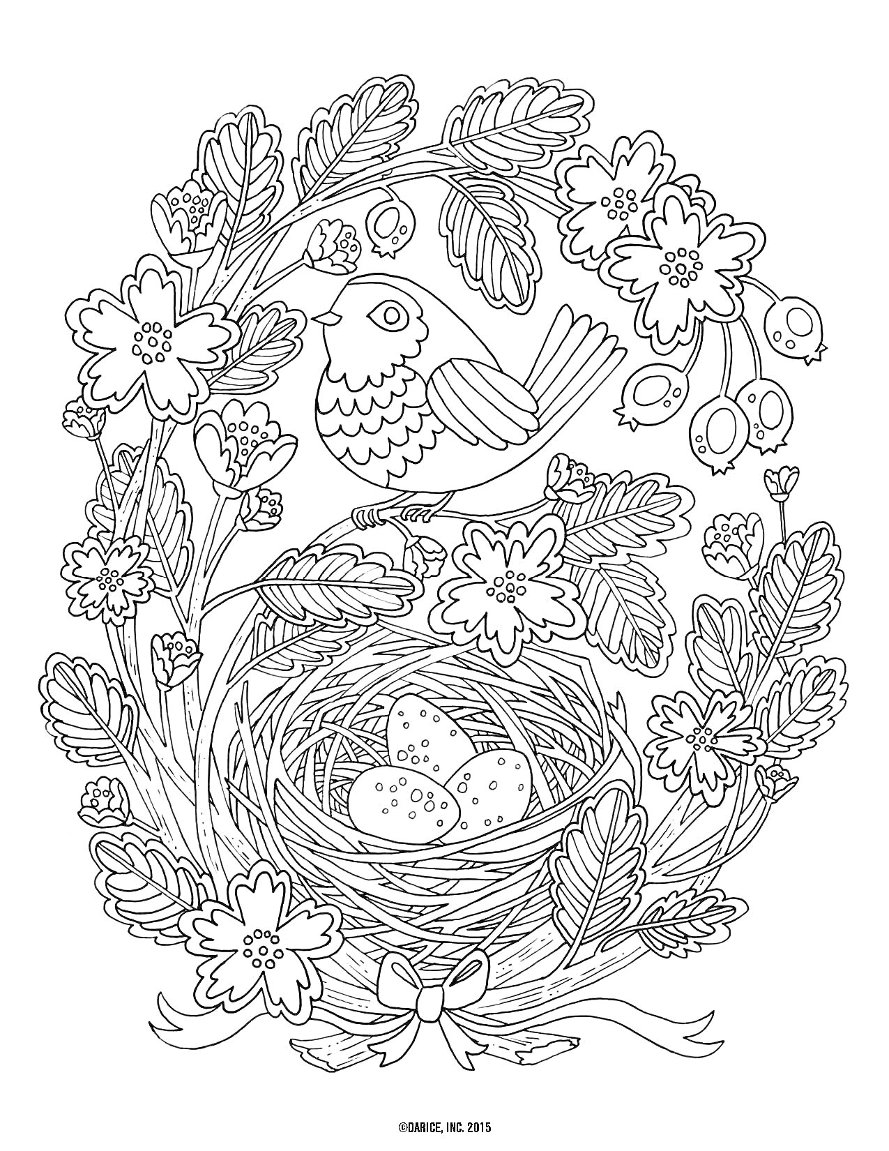 На раскраске изображено: Антистресс, Весна, Гнездо, Яйца, Цветы, Листва, Природа