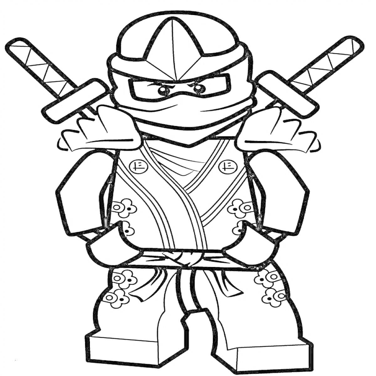 Раскраска Черепашка-ниндзя Лего с двумя мечами, в шлеме и маске, с декоративными узорами на одежде