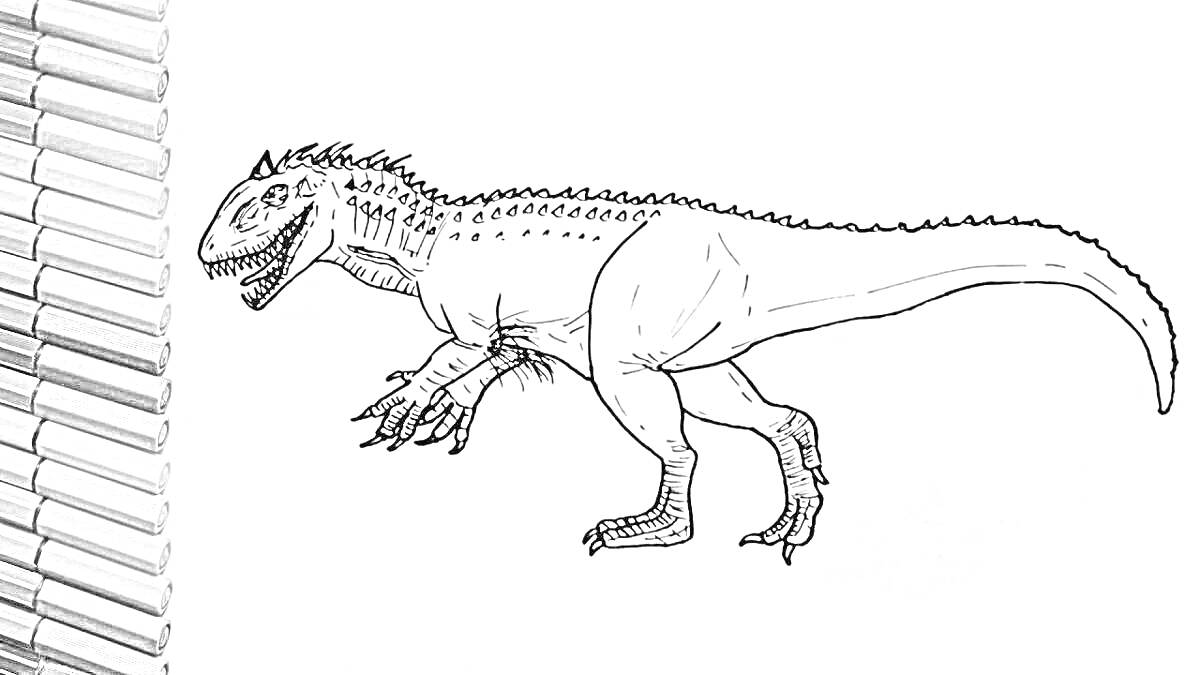 На раскраске изображено: Динозавр, Цветные карандаши, Контурные рисунки, Рептилии, Хищники