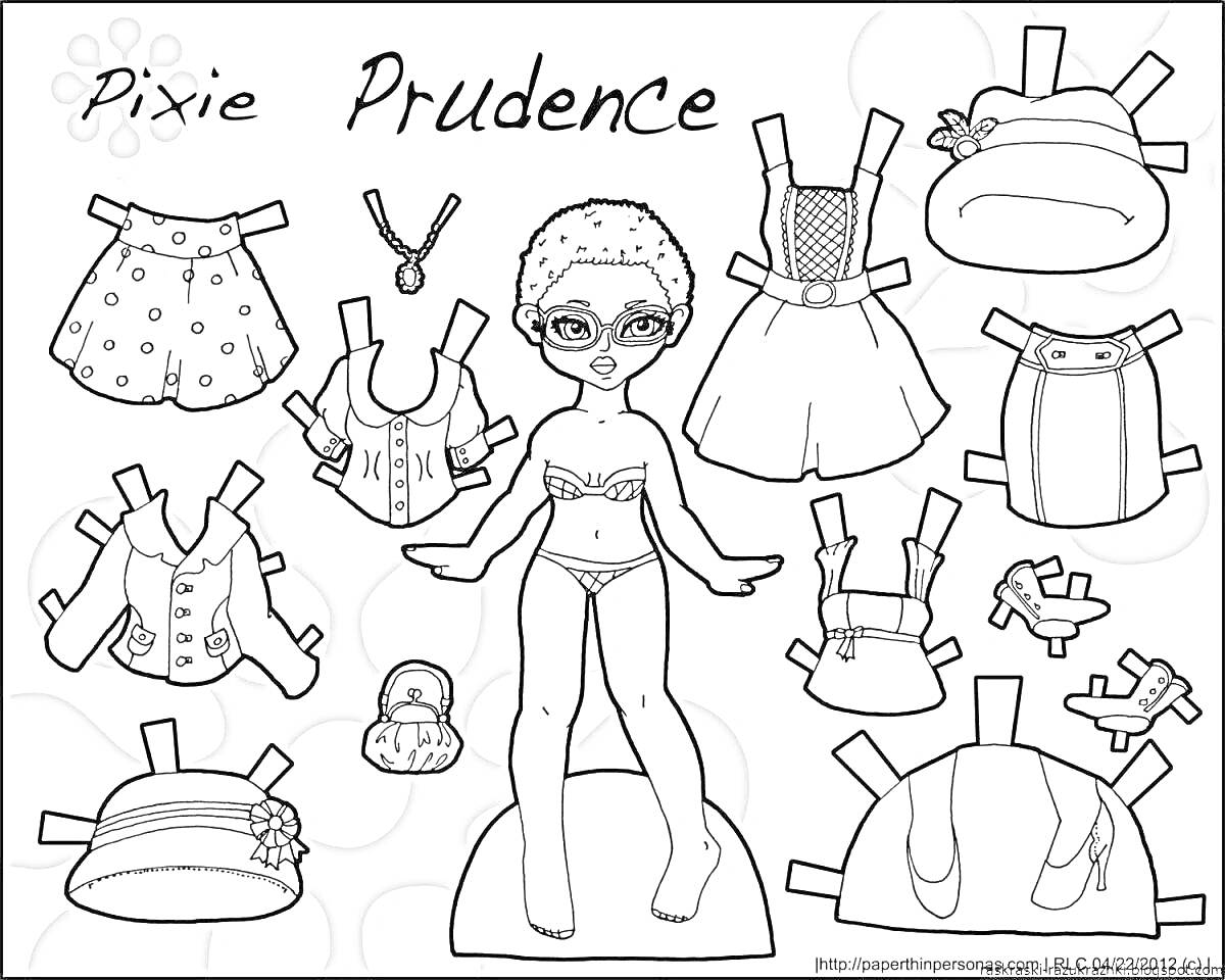 Раскраска Кукла Pixie Prudence с аксессуарами и одеждой (шляпа, топы, юбка, платье, брюки, шорты, очки, сумочка, ожерелье, обувь)