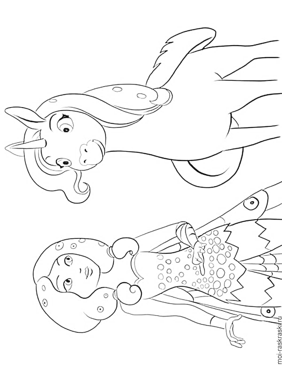 На раскраске изображено: Мия и я, Девочка, Крылья, Сказочные герои, Волшебный мир, Персонаж, Единороги