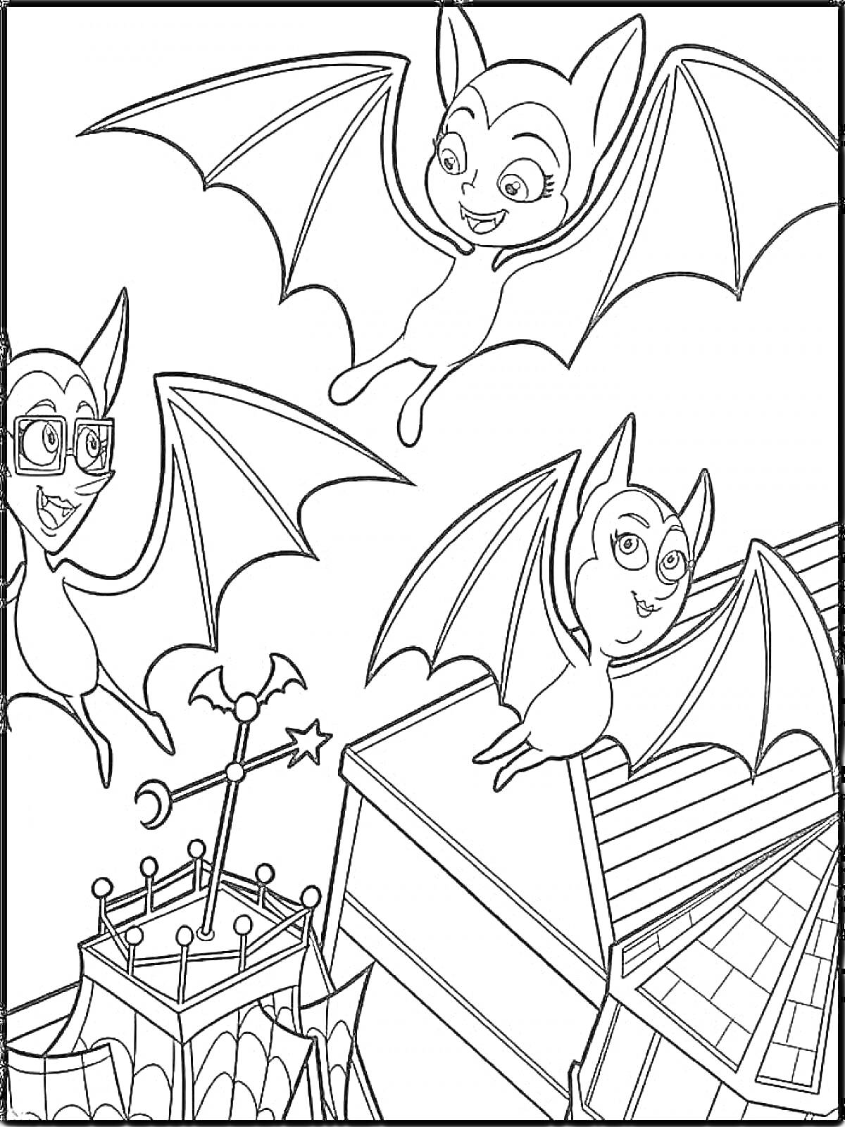 На раскраске изображено: Вампирина, Очки, Для детей, Крыша, Летучая мышь