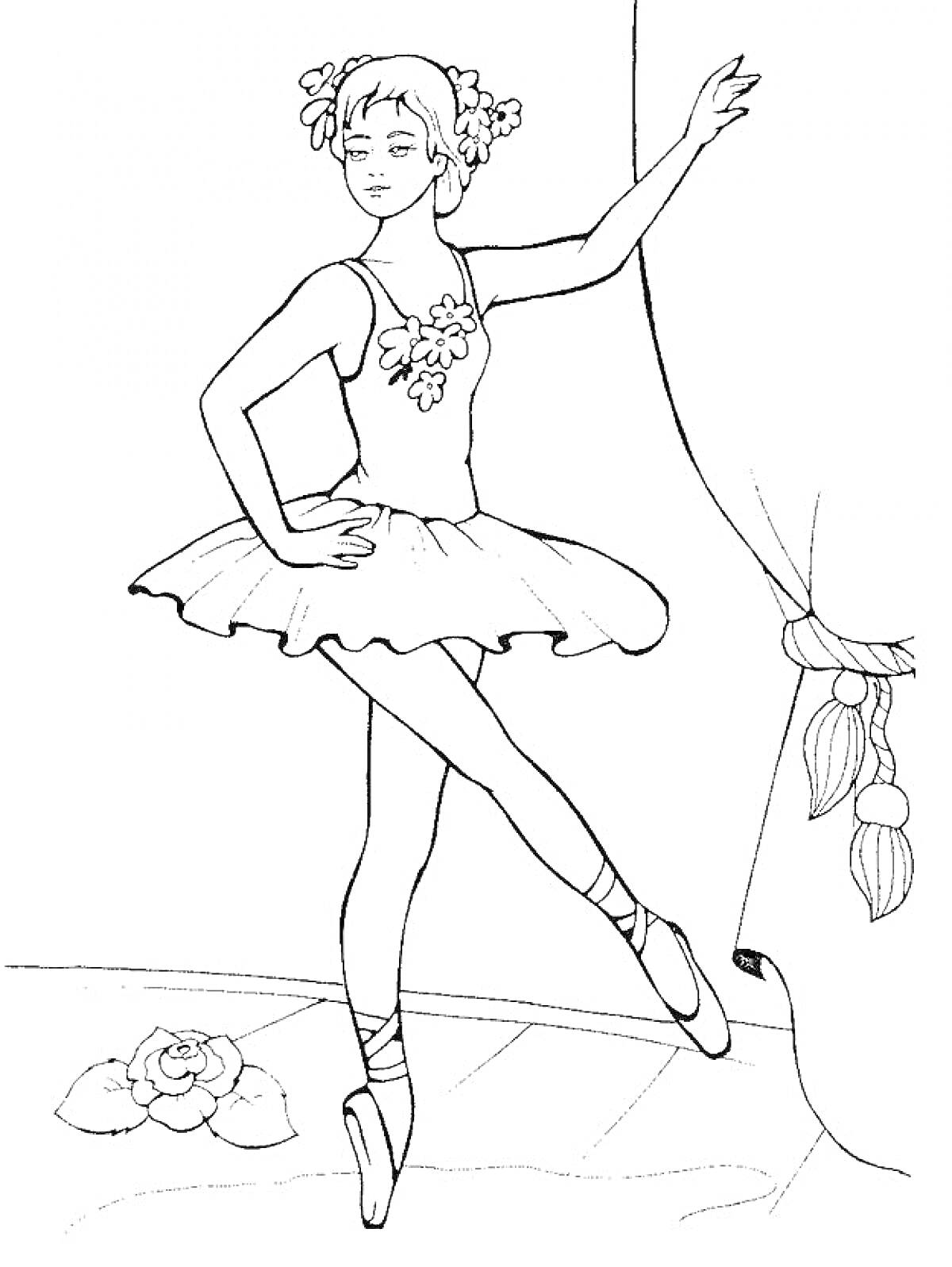 На раскраске изображено: Балерина, Кулисы, Балет, Танец, Пуанты, Платье, Выступление, Танцовщица