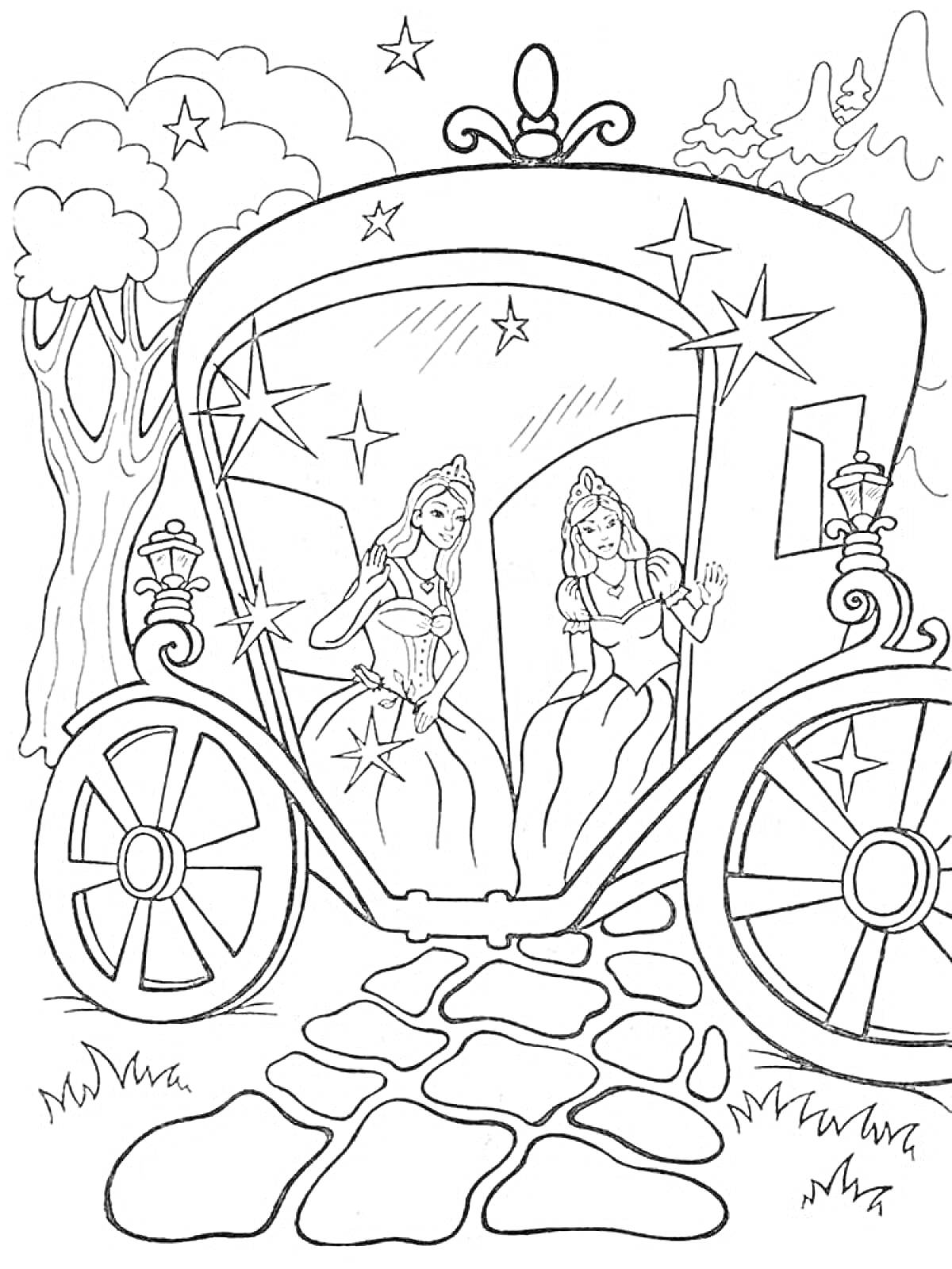 На раскраске изображено: Карета, Золушка, Платье, Звезды, Деревья