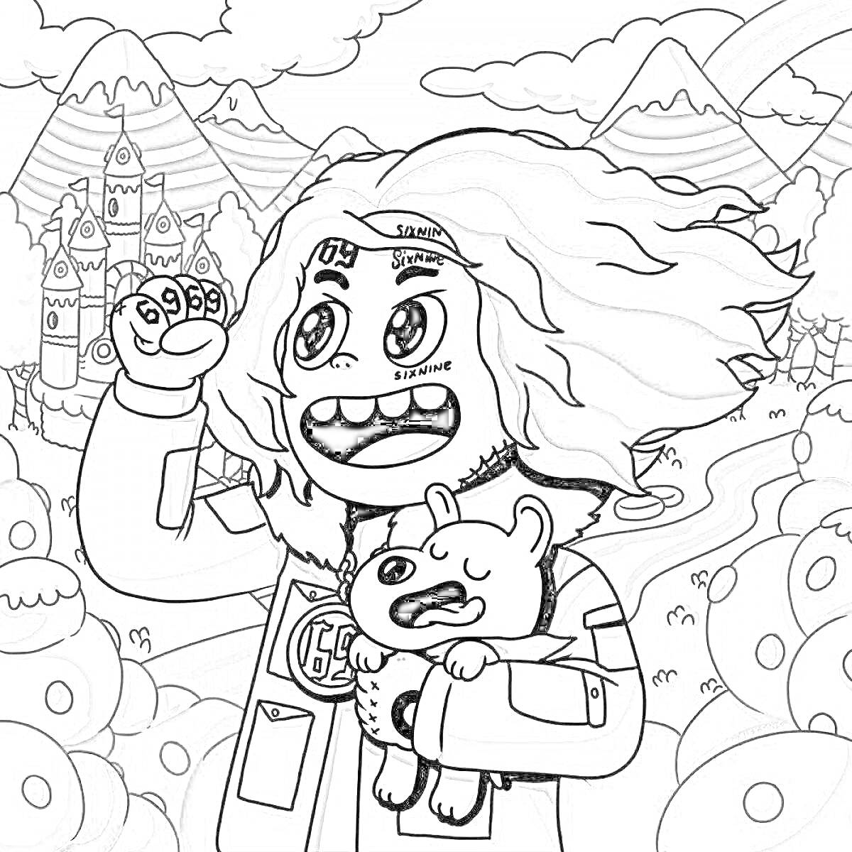 Раскраска Человек с длинными волосами, держит в одной руке плюшевую игрушку, на заднем фоне замок, холмы и радуга