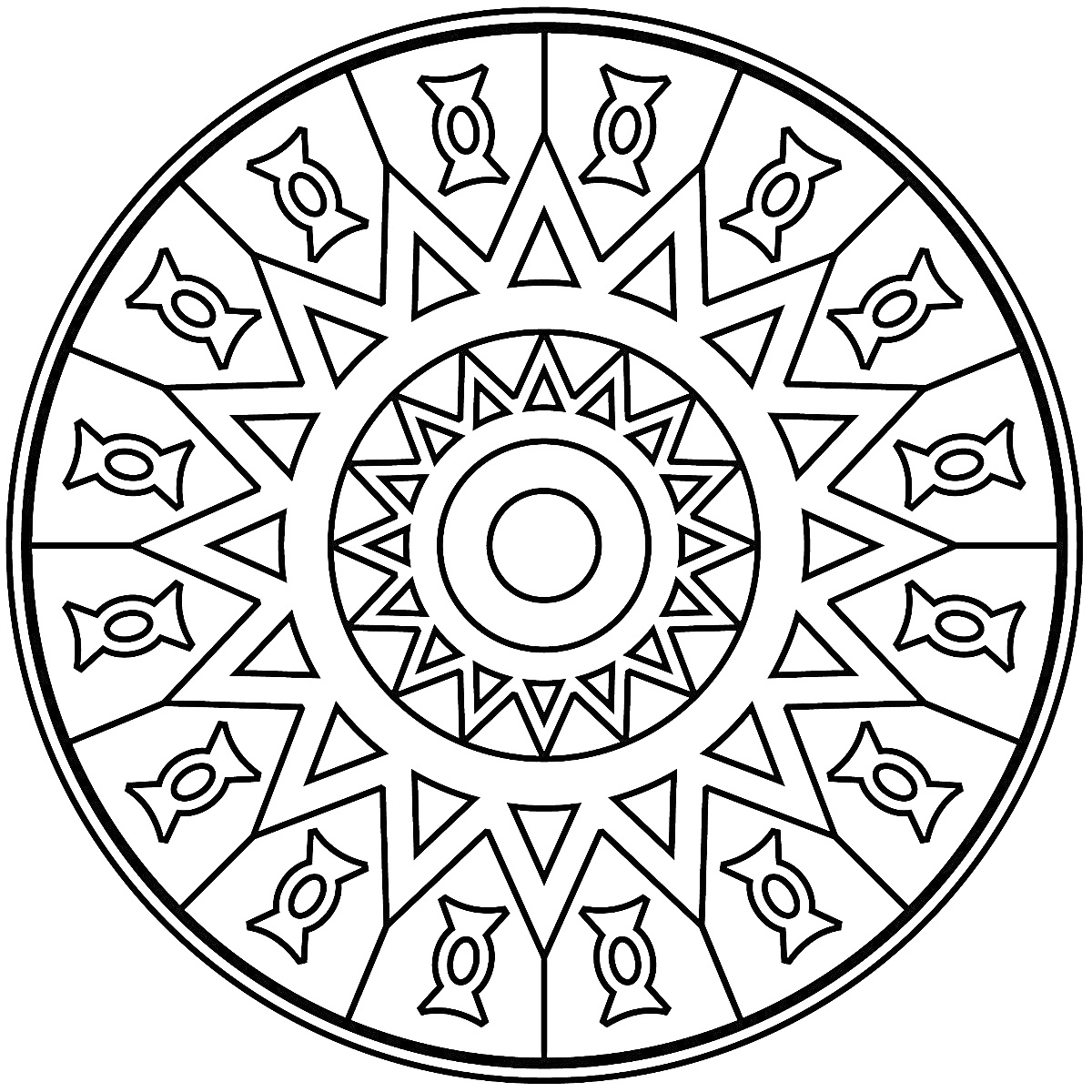 Раскраска Мандала с кругами, треугольниками и ромбами