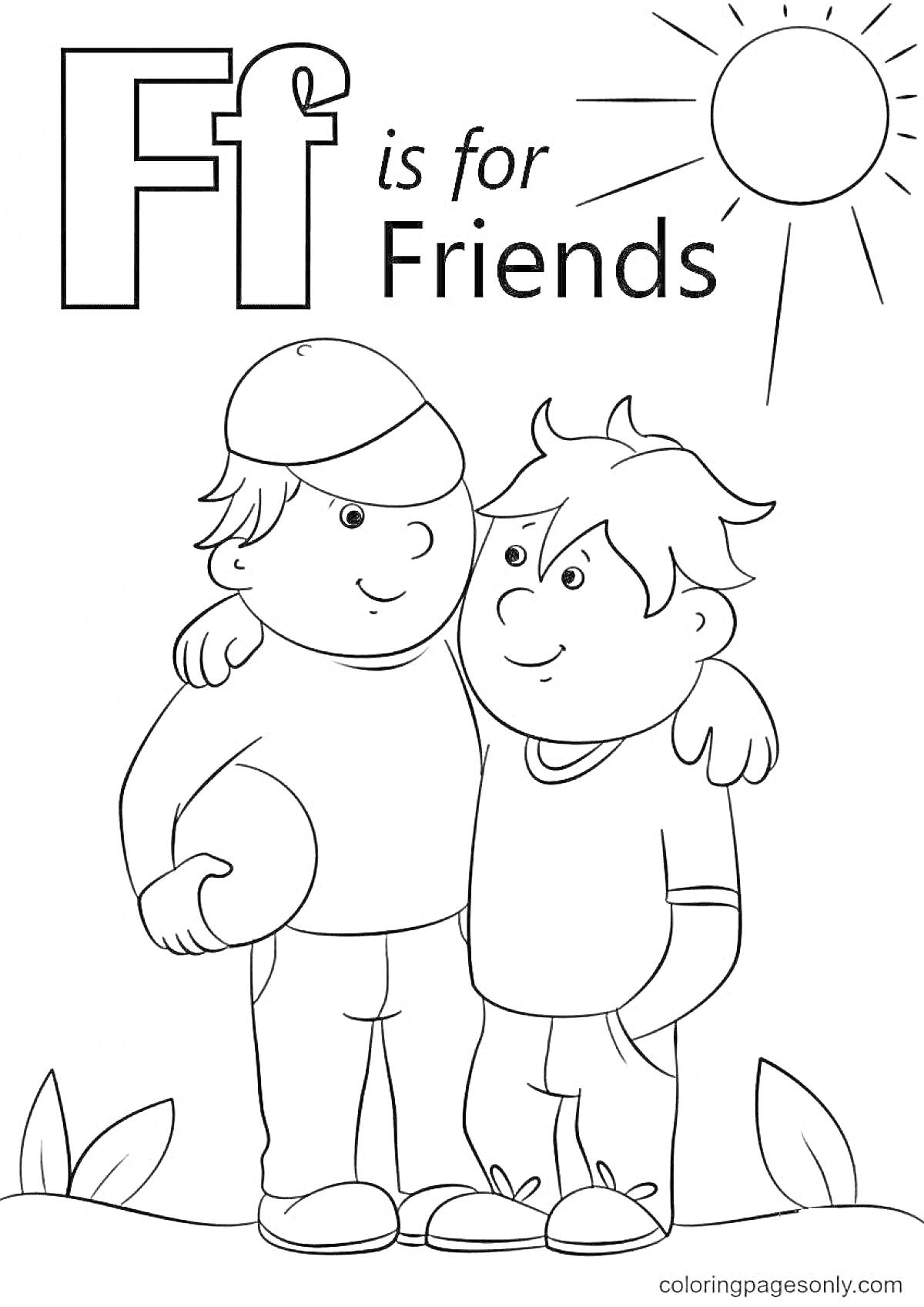 Раскраска F is for Friends, два мальчика, обнимающиеся, один с мячом, солнце, трава