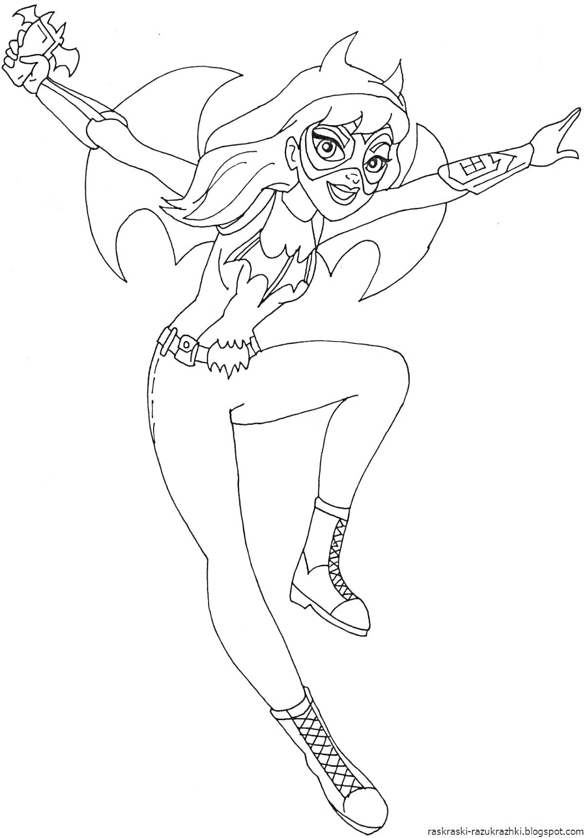 Раскраска Девочка-супергерой с маской, в костюме с крыльями, прыгающая с поднятой рукой