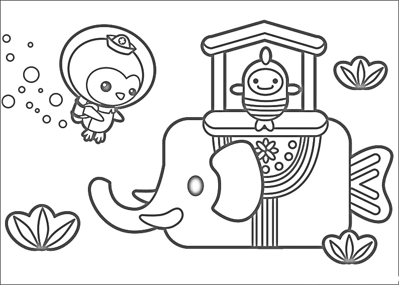На раскраске изображено: Октонавты, Водолаз, Рыба, Дом, Подводные растения, Подводный мир, Киты, Кот, Пузыри