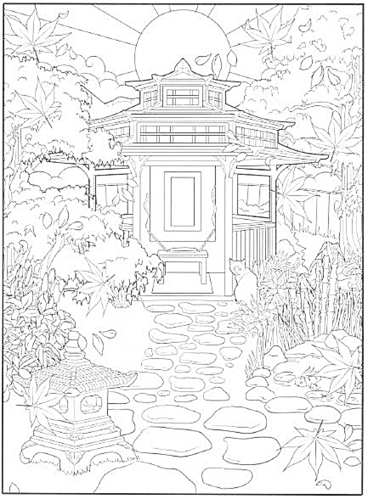 Раскраска Японский сад с храмом, тропинкой из камней, фонарем, деревьями, растениями и кошкой