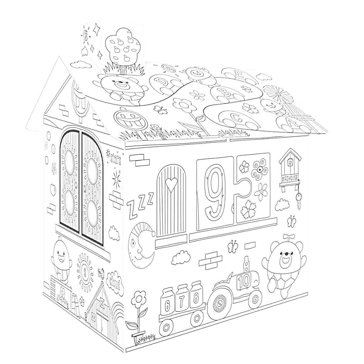 Раскраска Бумажный домик с дверями, окнами, цифрами, цветами, деревом, облаками, бабочками, автомобилем, птичьей кормушкой и улыбающимися персонажами