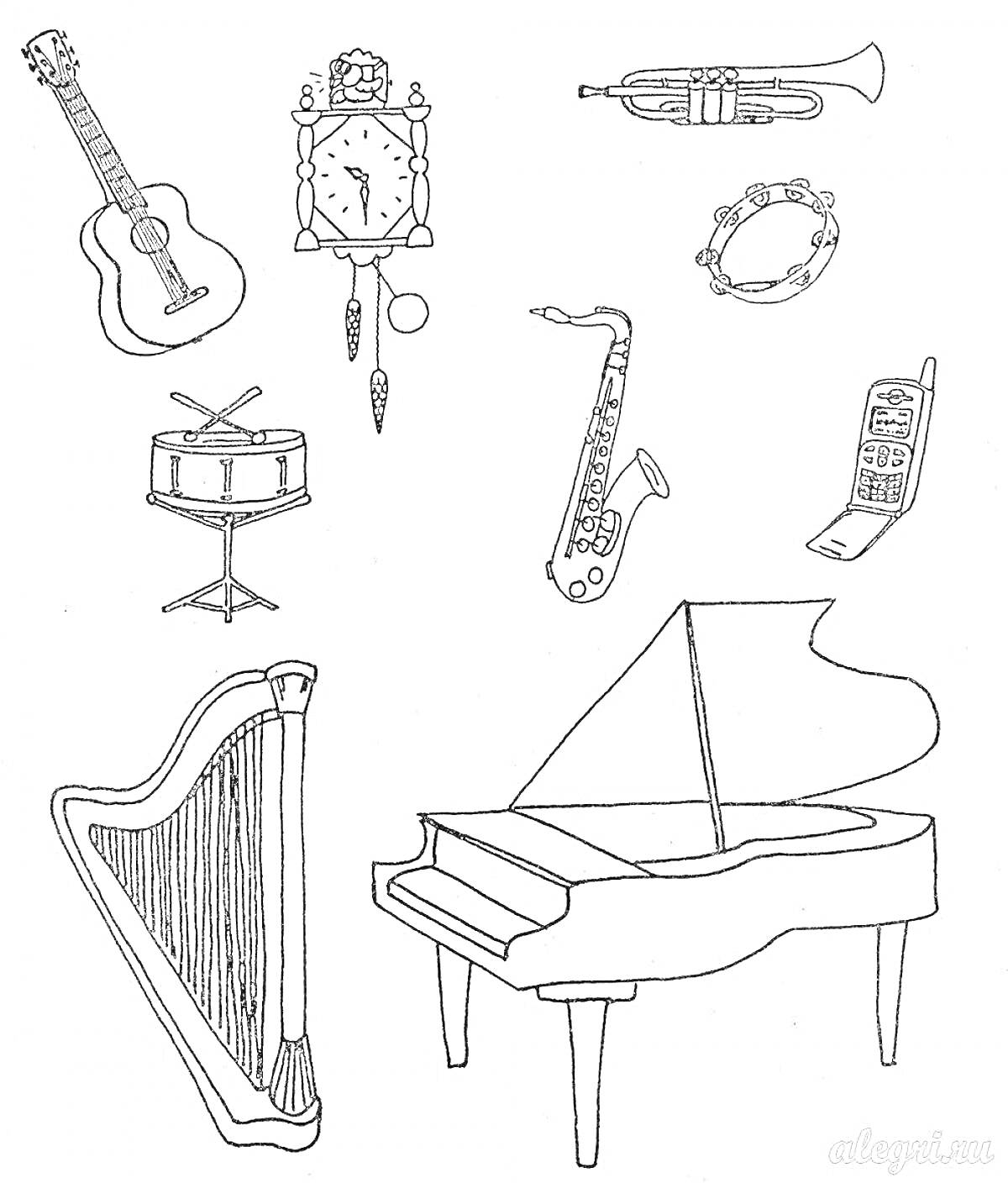 Раскраска Музыкальные инструменты, гитара, барабан, саксофон, арфа, рояль, труба, бубен, старинные часы, мобильный телефон