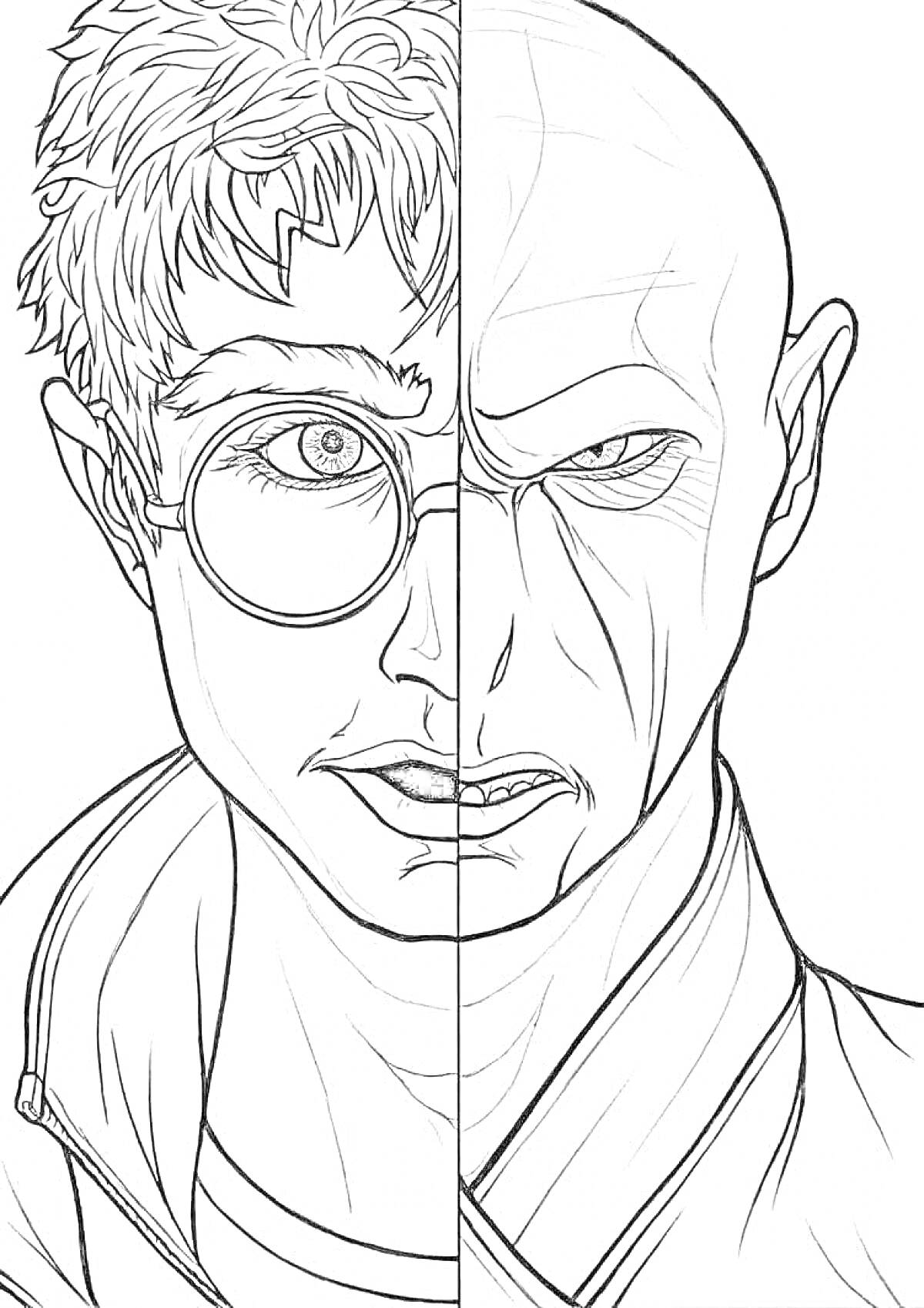 Раскраска Разделённый портрет, половина - персонаж с очками, другая половина - лысый персонаж со злобным выражением лица и шрамами