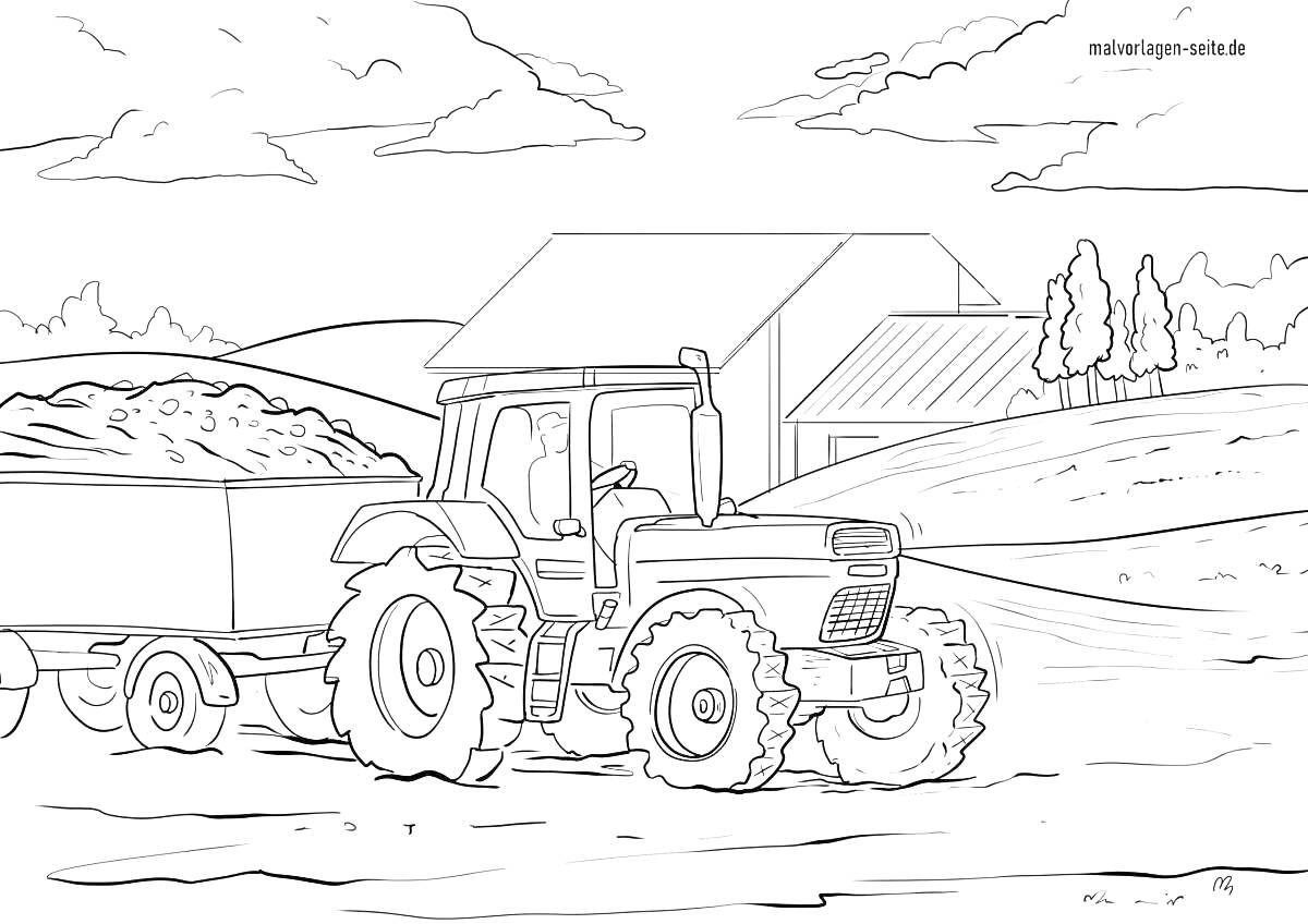 Раскраска Трактор с прицепом на сельскохозяйственном фоне с амбаром и деревьями