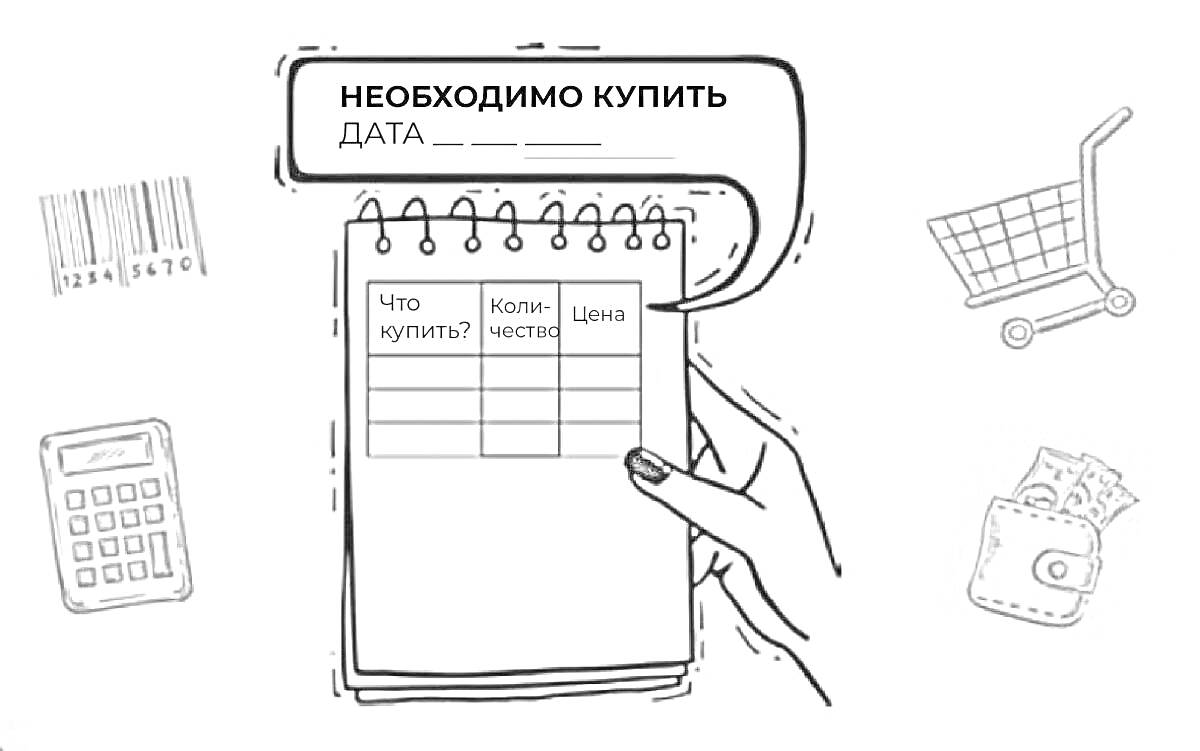 На раскраске изображено: Семейный бюджет, Покупки, Записная книжка, Рука, Калькулятор, Штрих-код, Тележка для покупок, Кошелек, Деньги