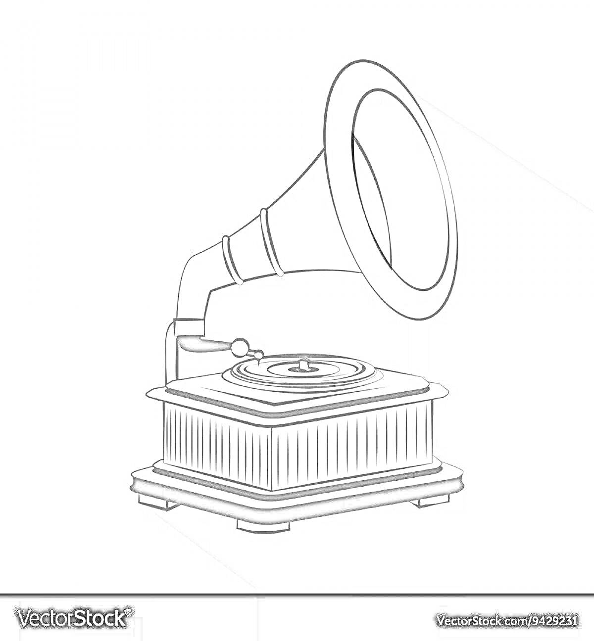 Раскраска Граммофон с широким звуковым рупором и детализированным корпусом