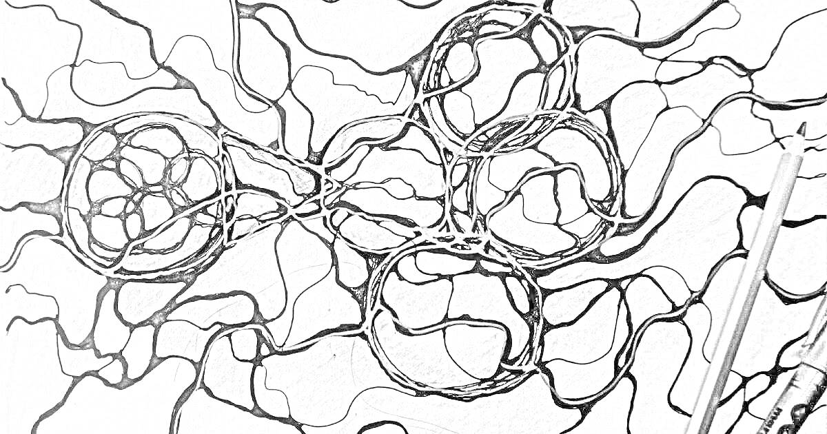 Раскраска нейрографика с пересекающимися кругами и изогнутыми линиями, разноцветные фрагменты