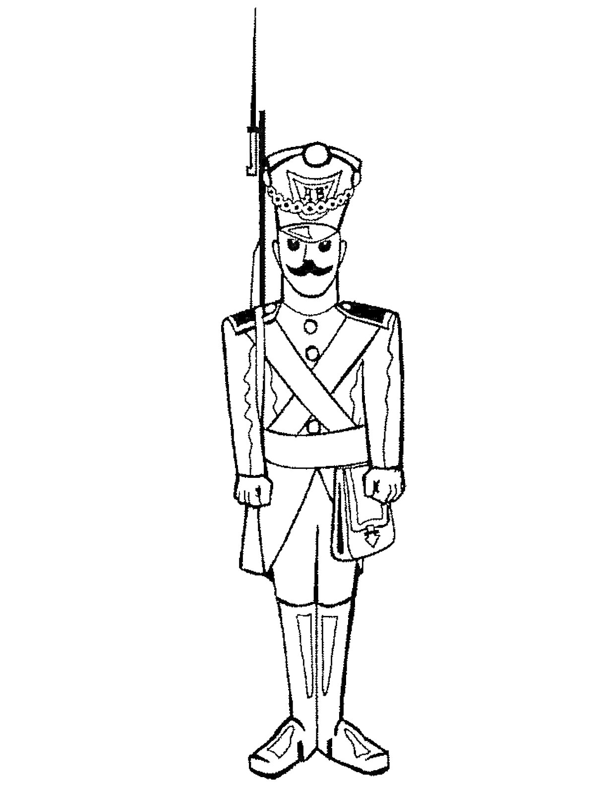 Раскраска Солдат с усами в парадной форме, с ружьем с примкнутым штыком, с сумкой через плечо