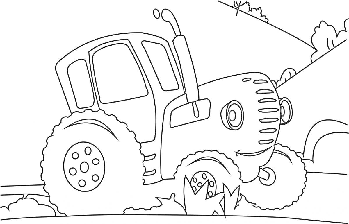 На раскраске изображено: Трактор, Синий трактор, Сельская местность, Деревня, Транспорт, Дети 2-3 лет